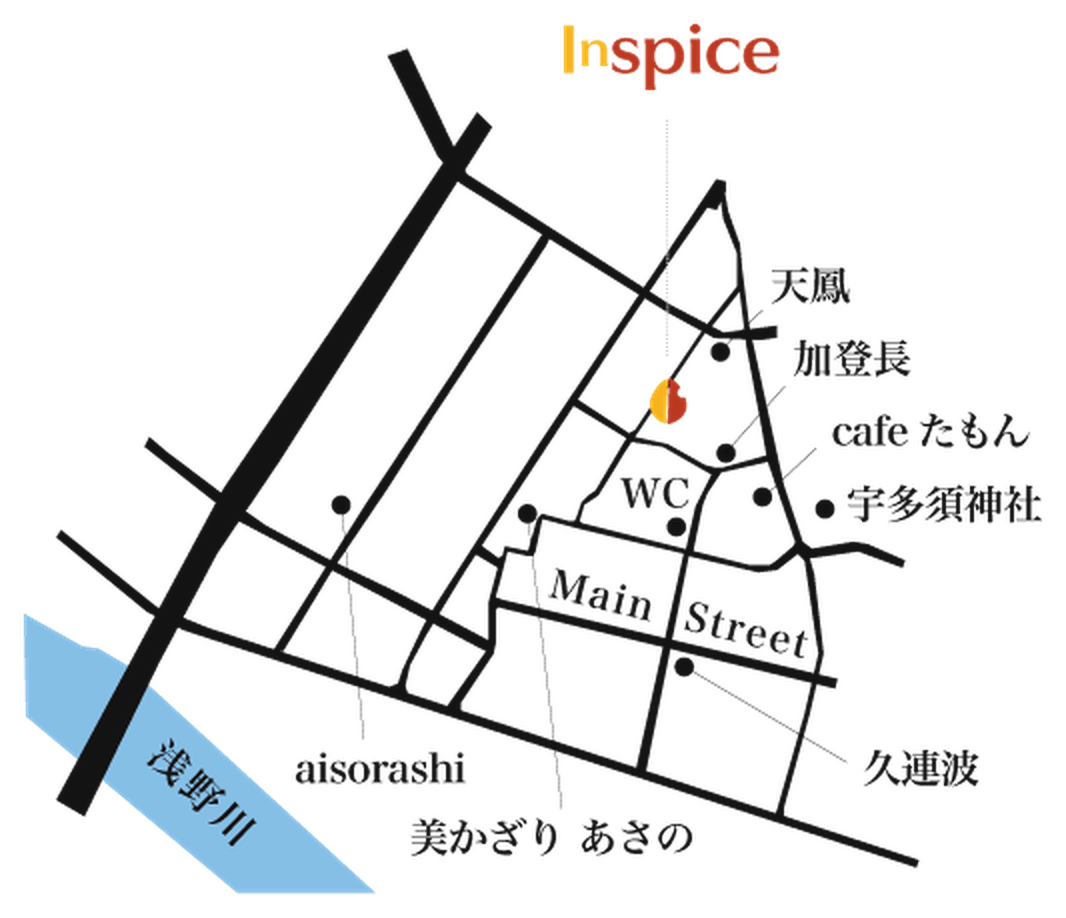 ひがし茶屋街のメインストリートと Inspice KANAZAWA の位置を示した地図。浅野川、宇多須神社、cafe たもん、加登長、天鳳などの目印つき